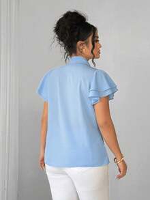 Elenzga Plus Size Women Elegant Minimalist Lace Patchwork Turndown Collar Blouse, Suitable For Commuting, Daily Wear, Dating, Party - Blue - View 2