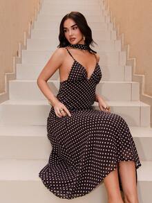 Bris Aura 女士圆点印花露背吊带连衣裙 - 棕色 - 查看 5