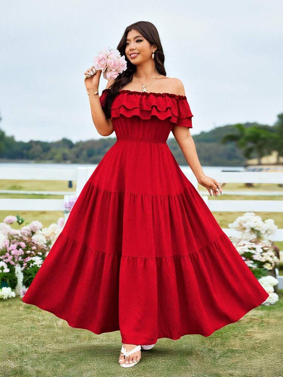 Sunnyshic Đầm đỏ trễ vai xếp ly thanh lịch và trang trọng cỡ lớn, đầm đỏ đi nghỉ mát mùa xuân/hè, đầm đỏ midi, đầm đỏ xếp ly, đầm đi biển đỏ, đầm kiểu Tây Ban Nha, đầm hè cho nữ, đầm nữ dự tiệc, đầm nữ thường ngày, đầm nữ thanh lịch cổ điển, đầm nữ đi nghỉ mát, đầm bán chạy nhất, đầm đẹp cho nữ, đầm trễ vai cho nữ.