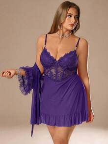 Auralis Plus Size Lace Patchwork Slip Dress & Bell Sleeve See-Through Robe Set, Waist Cinched Design - Purple - View 4