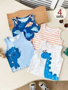 SHEIN Playful Pals 4件套男婴夏季无袖上衣，蓝色、白色、黄色、橙色，可爱动物印花，休闲可爱风格，适合日常户外玩耍、上学、度假、运动、聚会等场合。 - 彩色 - 查看 1
