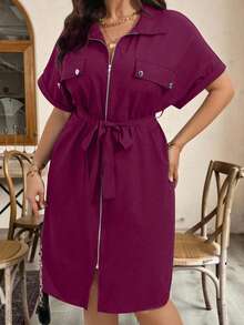 EMERY ROSE 大码纯色拉链腰带蝙蝠袖夏季连衣裙长款女装 - 中紫紅色 - 查看 1