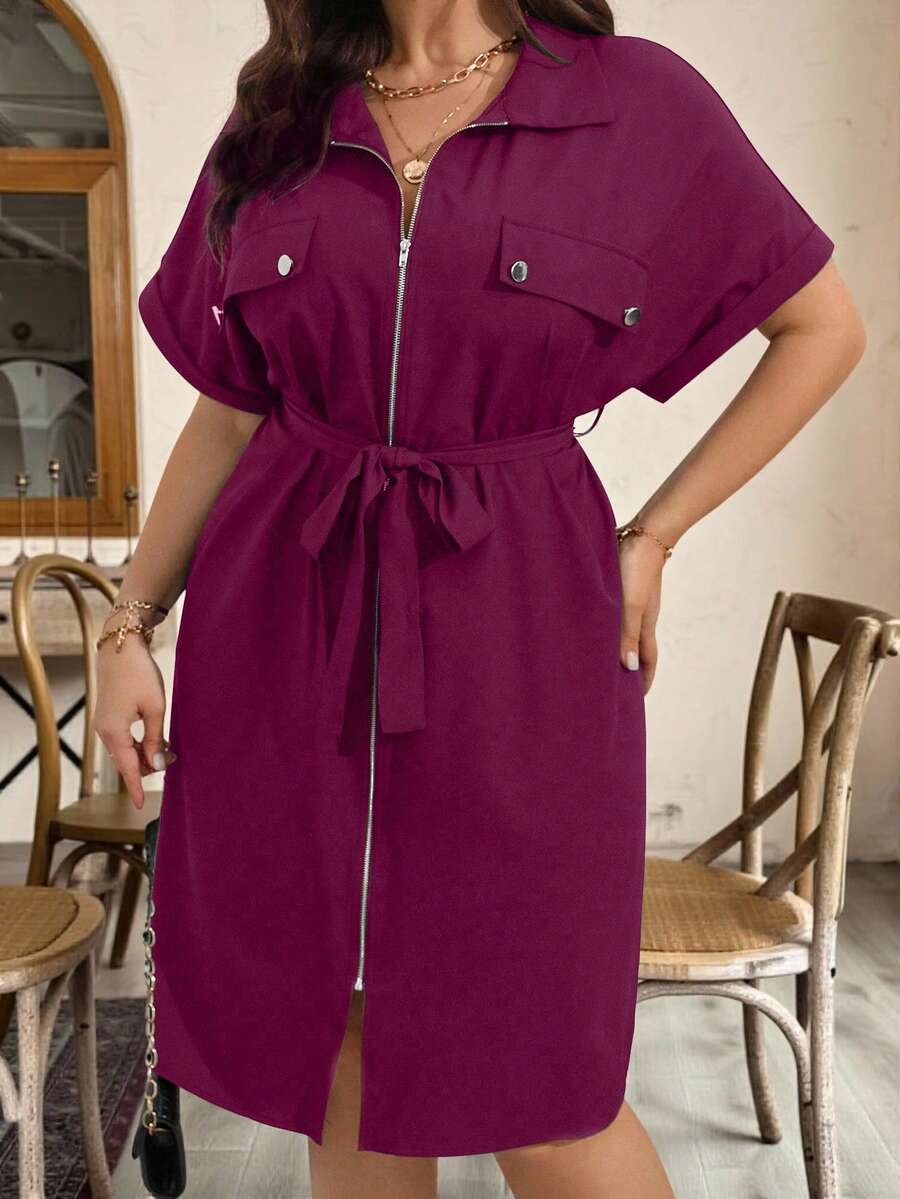 EMERY ROSE 大码纯色拉链腰带蝙蝠袖夏季连衣裙长款女装 - 中紫紅色 - 查看 1