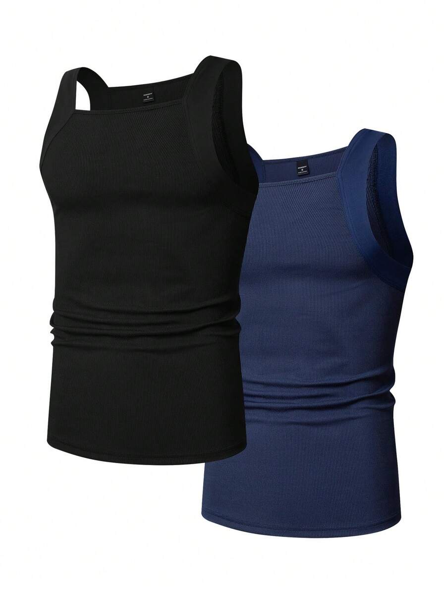 Manfinity Homme Plus Size Men's Solid Color Square Neck Slim Fit Pleated Casual Tank Top, Summer - Multicolor - View 1