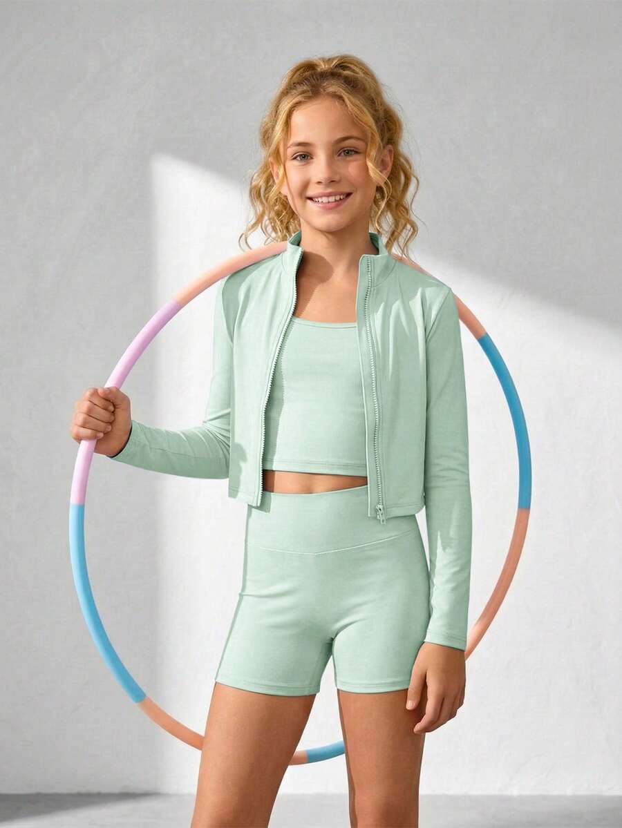 SHEIN 青少年女孩長袖領口拉鍊上衣、背心與內搭褲3件式運動套裝 女孩運動服 健身服 拉鍊上衣 健身運動裝 - 綠色 - 查看 1