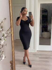 SHEIN Lady CURVE Plus Size Solid Color Sweetheart Collar Raglan Sleeve Fitted Dress Fitted Dress Bodycon Fitted Dresses For Women High Quality Dress Tummy Tuck Dress - Black - View 5