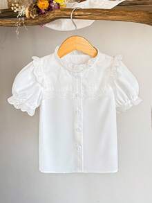 Souflis Souflis Tween女孩優雅可愛夏季白色韓式刺繡網紗短澎澎袖襯衫，適合返校季、派對、婚禮賓客穿著 - 白色 - 查看 5
