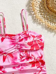 Bañador de tankini de punto con estampado floral tropical para niñas, bañador para niñas, bañador floral rosa, bañador para adolescentes, bañador tropical floral rosa para niñas preadolescentes, bañador rosa para niñas, bañador casual de verano con estampado de flor de hibisco para niñas, bañador de tankini rosa con volantes para niñas, bañador floral rosa para niñas, bañador con estampado floral para niñas, bañador con estampado de hibisco para niñas - Rosa - Ver 4