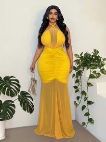Maweii Vestido elegante de talla grande con cuello de halter, drapeado de malla y cintura anudada - Amarillo - Ver 1