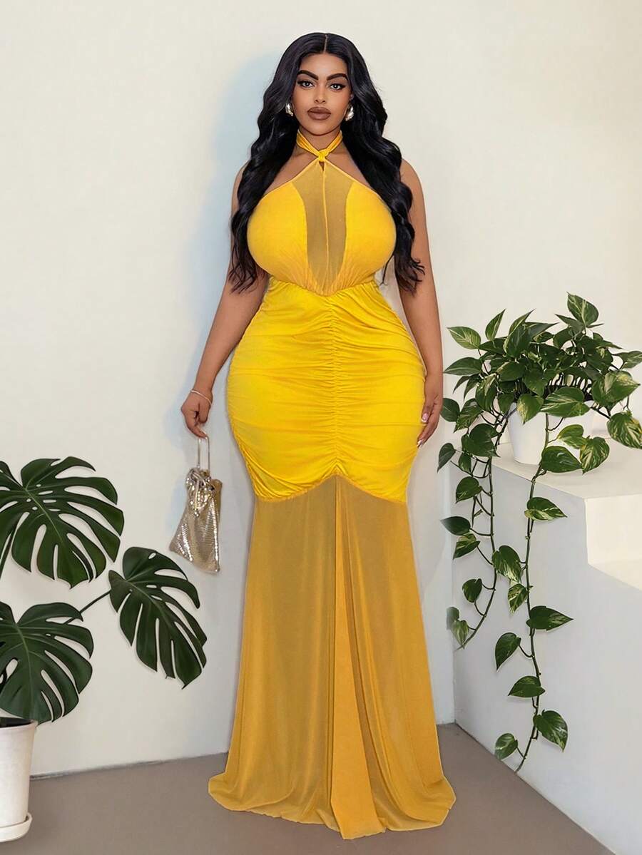 Maweii Vestido elegante de talla grande con cuello de halter, drapeado de malla y cintura anudada - Amarillo - Ver 1