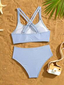 SHEIN Tween Girl Bikini Swimwear,Blue White Striped Cross Strap Ribbed Two Pieces Bathing Suits For Teens Full Coverage,Summer,Casual,Holiday,Pool Party - Blue - View 2