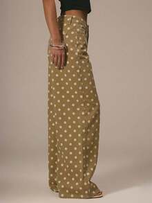 MUSERA Polka Dot Cute Denim Polka Dot Spring Summer Dainty Denim Straight Leg Mid Rise Jeans Ibiza Holiday Beach Chic - Apricot - View 3