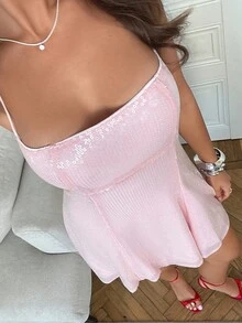 Aloruh Vestido de fiesta de mujer con escote en V bajo, tirantes anudados, espalda descubierta y corte mini en A con lentejuelas - Rosa - Ver 5