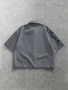 ROMWE MEN 男士标语印花短袖单排扣休闲衬衫 - 灰色 - 查看 2