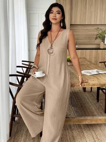 Weeklong White Plus-Size Jumpsuit - Sleeveless, V-Neck & Loose Fit, Suitable For Daily Wear & Office Commute, Spring & Summer Outfit - Khaki - View 5