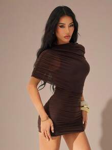 SHEIN PETITE Trang phục nữ Xuân/Hè: Trang phục thường ngày cho buổi hẹn hò, tiệc tùng ở câu lạc bộ đêm, đầm ngắn tay cổ tròn màu nâu, dáng ôm, thanh lịch. - Cà phê - Xem 8