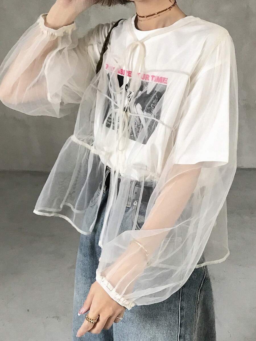 FRIFUL Blusa holgada de manga larga con nudo delantero y malla transparente para mujer - Blanco - Ver 1