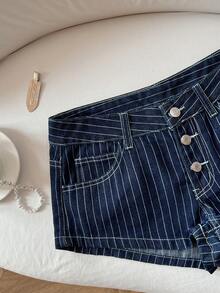 Elamini 女士低腰时尚条纹原色水洗牛仔短裤 - 深色水洗藍 - 查看 3