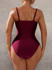 Swim DD+ Women's Summer Vacation Beach Patchwork Bandeau Ruched One-Piece Swimsuit - Burgundy - View 2