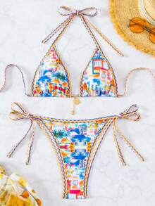 Swim Mod Women's New Triangular Cup Bikini Set, Sexy Tie-Up Swimwear 2 Pieces - Multicolor - View 3