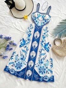 Soleia Women's All-Over Print Casual Sexy Vacation Spaghetti Strap Dress Golf White Summer - Navy Blue - View 8