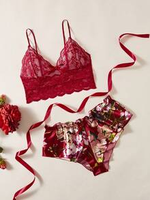 Floral Print Bow Front Lace Lingerie Set - Burgundy - View 1