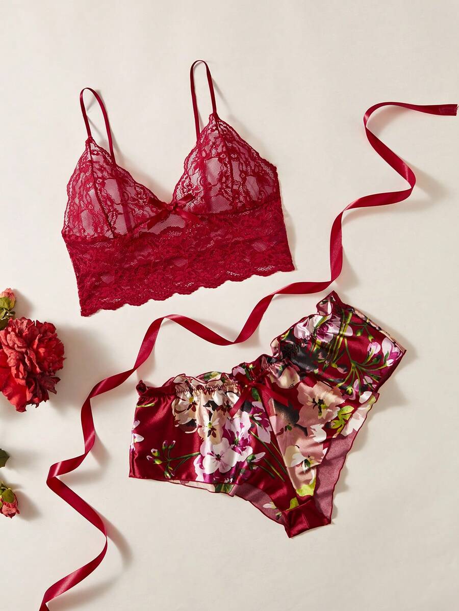 Floral Print Bow Front Lace Lingerie Set - Burgundy - View 1