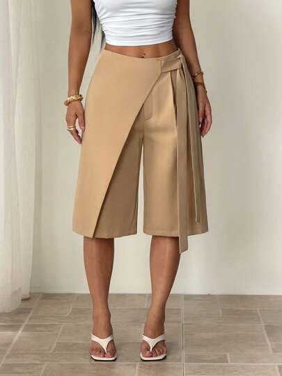SHEIN PETITE Women's Sexy Casual Solid Color Tailored Wrap Wide Leg Trousers Bermuda Shorts With Tie Detail