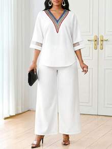 SHEIN Lady Women's Fashionable Elegant V-Neck Blouse & Pants 2 Pieces Set - White - View 3