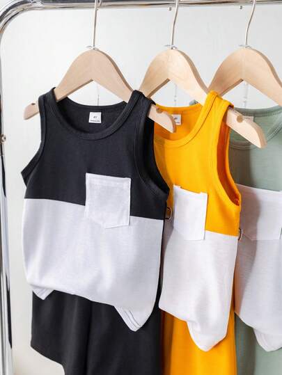 SHEIN 6pcs/3sets Young BoyCasual Colorblock Sleeveless Vest Paired With Loose Shorts, Black Orange Green Combination, Suitable For Summer Daily Wear & Sports