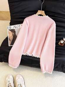 SHEIN Franclia French Romantic Color Block Ruffle Trim Cardigan, Suitable For Commuting - Pink - View 2