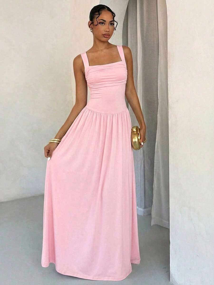 SHEIN BAE Women's Elegant Solid Brown Dress With Wide Collar And Flared Skirt, Suitable For Spring And Summer,Summer Dresses For Women - Coral Pink - View 1