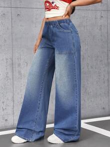 SHEIN Tall Quần jeans nữ ống rộng, cạp chun, có túi, dáng rộng, thoải mái, kiểu dáng thường ngày. - Màu xanh lam - Xem 4