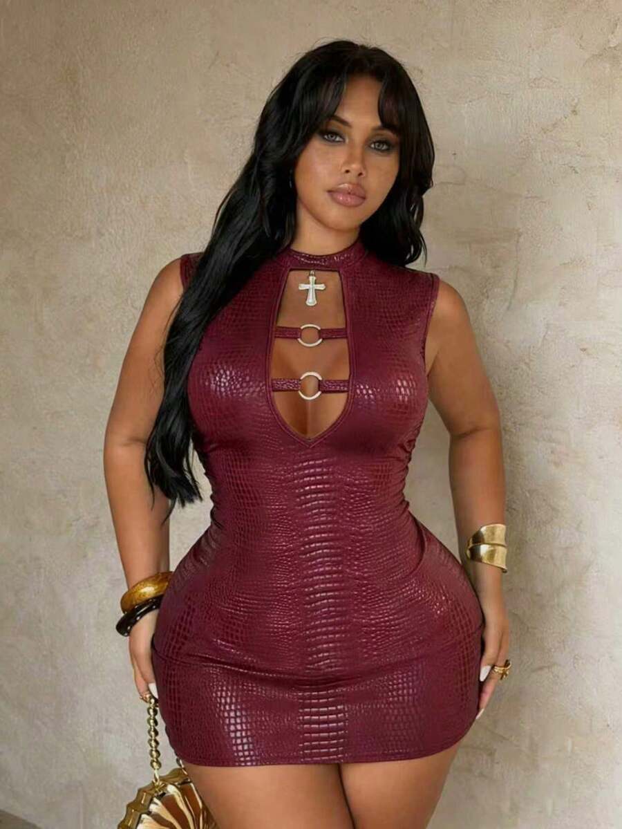 Rustia New Summer Sexy Hollow Out Design Sleeveless Bodycon Mini Dress, High Waist Slim Fit Skirt - Red - View 1