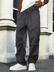 Manfinity CasualCool Men's Solid Color Drawstring Waist Casual Everyday Cargo Pants - Flint Stone - View 5