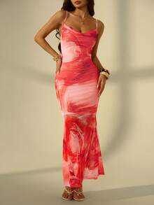 SHEIN PETITE 女士吊带垂领修身不对称印花长连衣裙，时尚夏季 - 彩色 - 查看 5