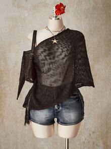 SHEIN ICON Blusa holgada de punto con hombro asimétrico, transparente y con flecos, para mujer de talla grande y unicolor - Marrón - Ver 4