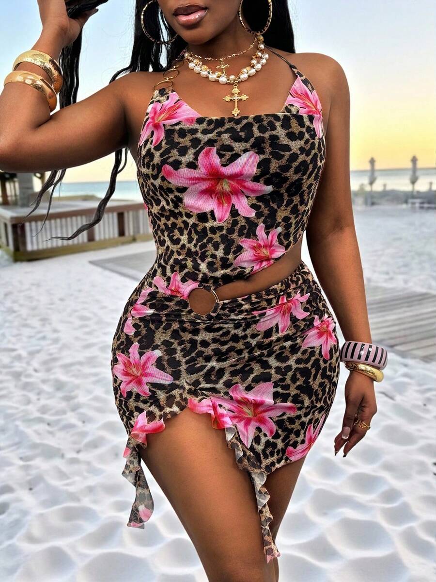 Glyssa 女士夏季新款性感沙滩度假连衣裙，针织豹纹花卉图案，深V领露腰镂空设计，荷叶边下摆迷你连衣裙 - 咖啡 - 查看 1