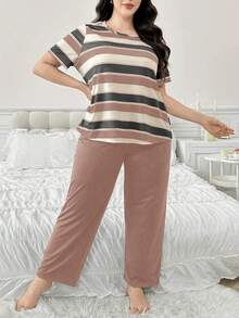 Contrast Color Striped Print Short Sleeve & Long Pants Plus Size Pajama Set - Multicolor - View 4