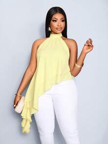 SOLERSUN Women's Elegant Vacation Light Yellow Halter Neck Flowing Double- Asymmetric Layered Ruffle Hem Blouse - Light Yellow - View 6