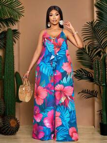 SOLERSUN Mono con estampado floral de cuello en V con volantes y espalda descubierta, con adornos de cuentas metálicas y pantalones anchos de pierna A-line, adecuado para uso casual diario, reuniones, citas, San Valentín, viajes, vacaciones en la playa, Año Nuevo, festivales de música, carnavales, una prenda de vestir de estilo bohemio sexy y elegante para mujeres. Conjuntos tropicales de Burkina para mujeres, conjunto hawaiano para mujeres - Azul - Ver 1