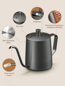 Teckwe 小型鹅颈式咖啡壶，不锈钢咖啡壶，野营咖啡壶，户外旅行咖啡壶，导热性好，清洁方便，握感舒适，圣诞礼物，秋冬季假期必备露营度假必备品，度假配件，露营用品 - 黑色 - 查看 4