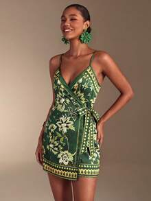 Swim Oasis 女士印花系带吊带连衣裙，度假风 - 綠色 - 查看 1