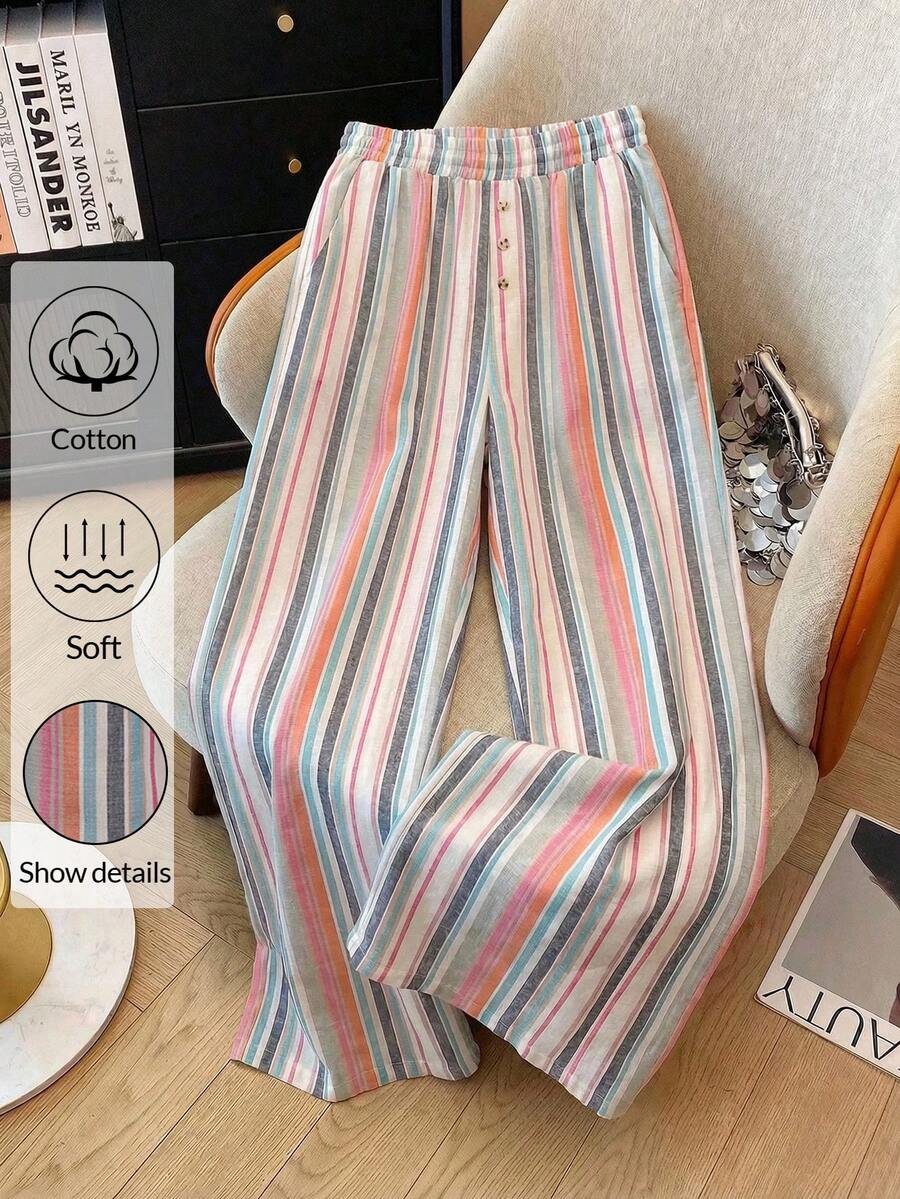 EMERY ROSE 女士休闲度假通勤撞色条纹印花弹力腰侧口袋七分裤 - 彩色 - 查看 1