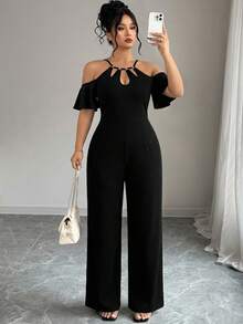 Elenzga Plus Size Women Casual Solid Color Spaghetti Strap Jumpsuit With Cinched Waist - Black - View 4