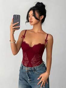 Aloruh Women's Lace & Mesh Patchwork Sexy Bodysuit - Burgundy - View 6