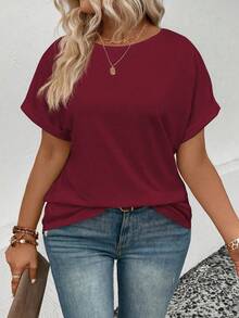 EMERY ROSE Plus Size Women Summer Loose Casual Round Neck T-Shirt - Burgundy - View 6
