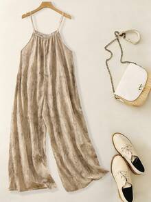 SHEIN Holidaya Women's Casual Linen-Like Tie-Dye Print Spaghetti Strap Loose Jumpsuit - Khaki - View 2