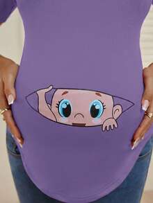 SHEIN Pregnant Women Cartoon Print Round Neck Casual Daily Short Sleeve T-Shirt Maternity T-Shirt Maternity Shirts For Women Pregnant T-Shirt Graphic Baby Tee For Pregnant Outfit - Mauve Purple - View 7