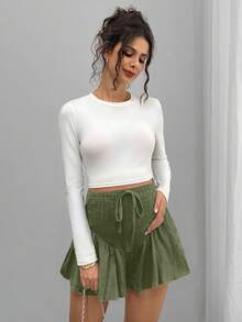 SHEIN 孕婦夏季休閒度假與通勤抽繩腰鬆尺短褲，女款高腰鬆緊沙灘短褲，綠色，夏季休閒綠色服飾 - 軍綠色 - 查看 7